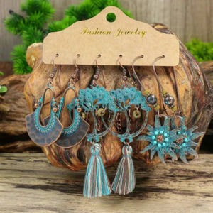 Vintage Boho‎ Folk Charm Earrings Ancient Copper Blue Bohemian 3 Pairs